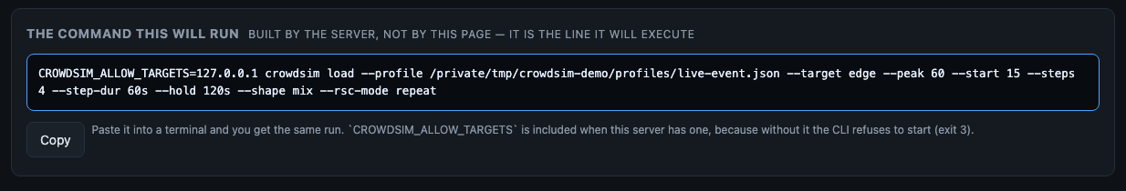 The command preview, rendered by the server from the same argv it will spawn