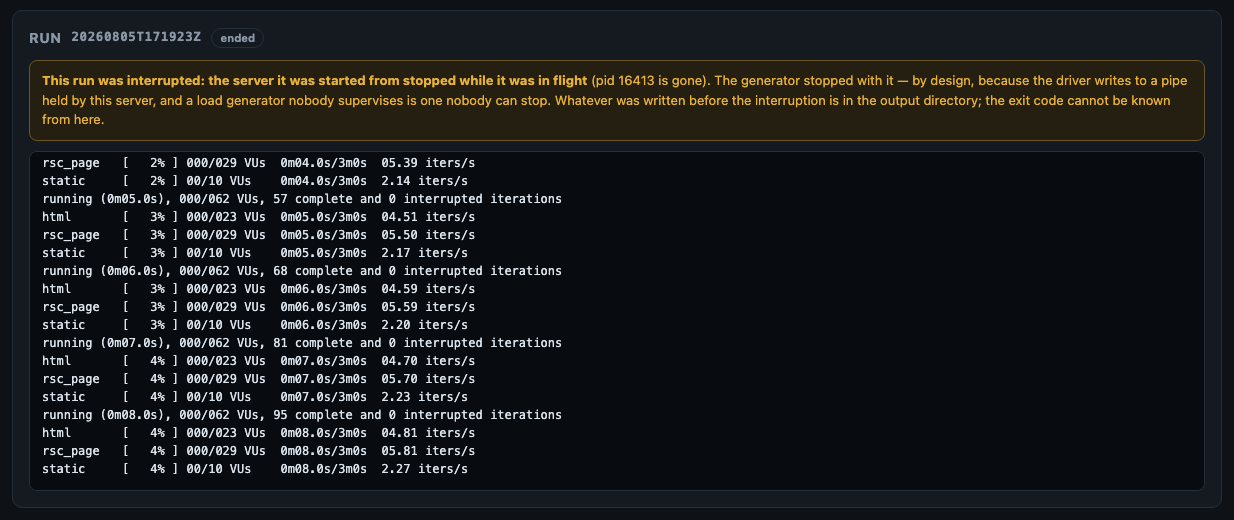 A run interrupted by the server dying: stated plainly, with the driver's own log recovered from disk